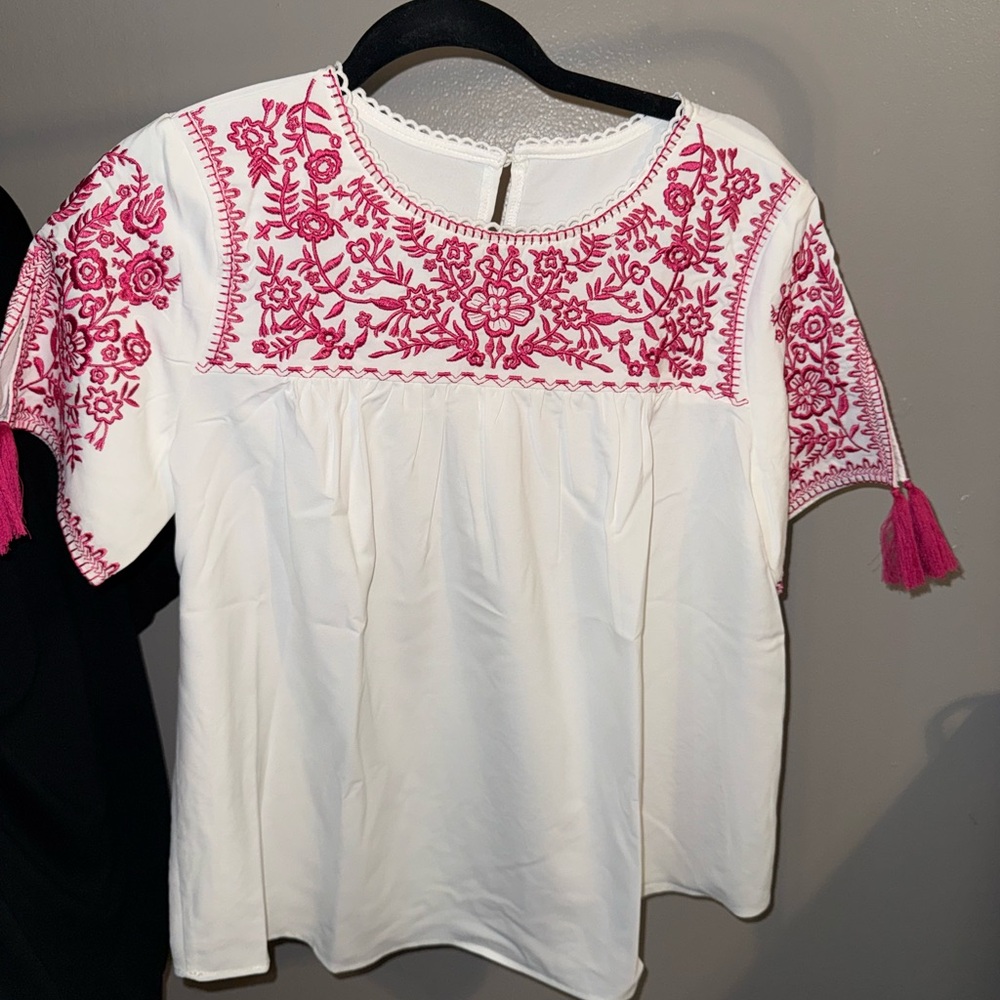 Embroidered White and Pink Women's Top